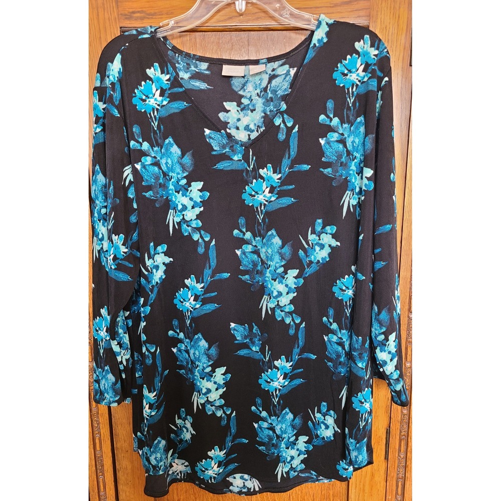 Chicos Travelers Floral V-Neck Tunic Top Blue Black 3/4 Sleeve Size 3 XL 16/18